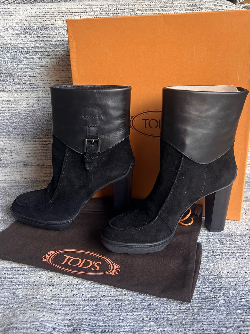 Tod's Black Suede & Leather Buckle Block Heel Ankle Boots NEW
